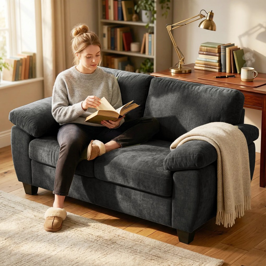 HOMCOM Sofa 2-osobowa, 156 cm sofa Chenille z grubymi poduszkami sprężynowymi, szerokimi tapicerowanymi podłokietnikami, obciążenie 300 kg, ciemnoszara | Aosom PL