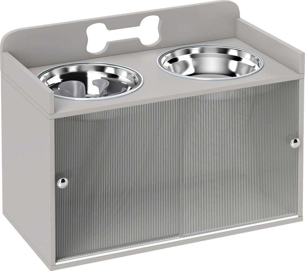 PawHut Podwyższona stacja karmienia z 2 miskami i szafką, MDF, stal nierdzewna, motyw kości, szary