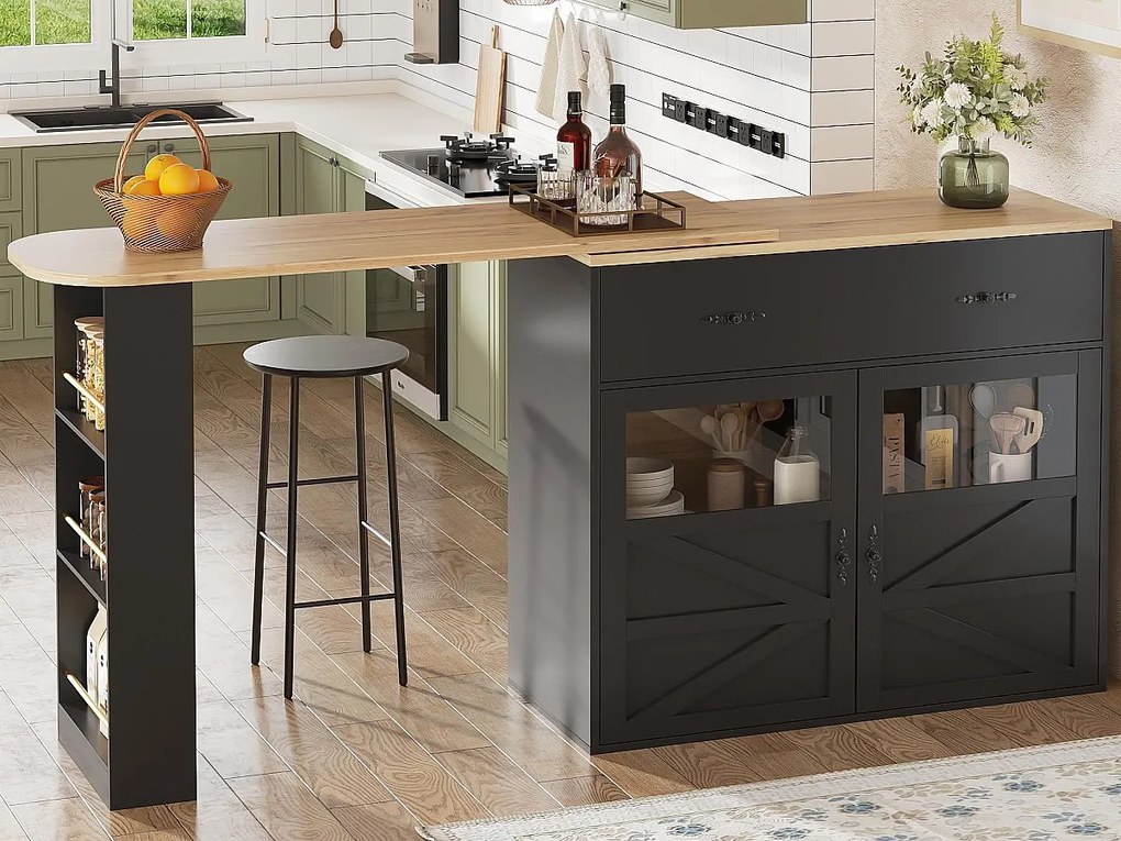 Obrotowy mebel barowy 360° i chowany - z 1 szufladą i 2 drzwiami - otwarte półki - czarny + naturalny