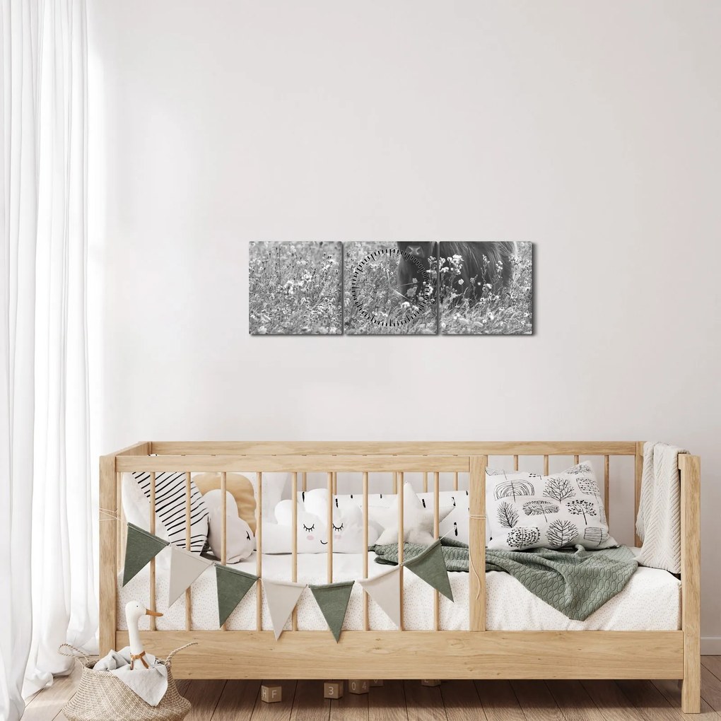 Obraz - Szkocka krowa 5, czarno - biały (z zegarem) (90x30 cm)