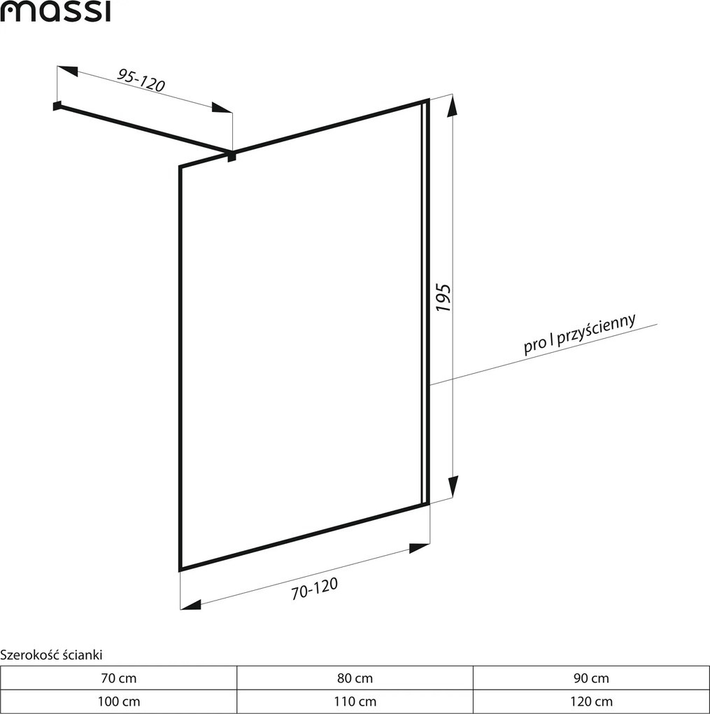 Ścianka prysznicowa WALK IN FIX przezroczysta prostokątna 8 mm Molis Classic Clear MASSI | rożne rozmiary : Kolor profili kabiny - złoty szczotkowany, Szerokość ścianki - 90 cm , Typ montażu - WALK in FIX (Do ściany)