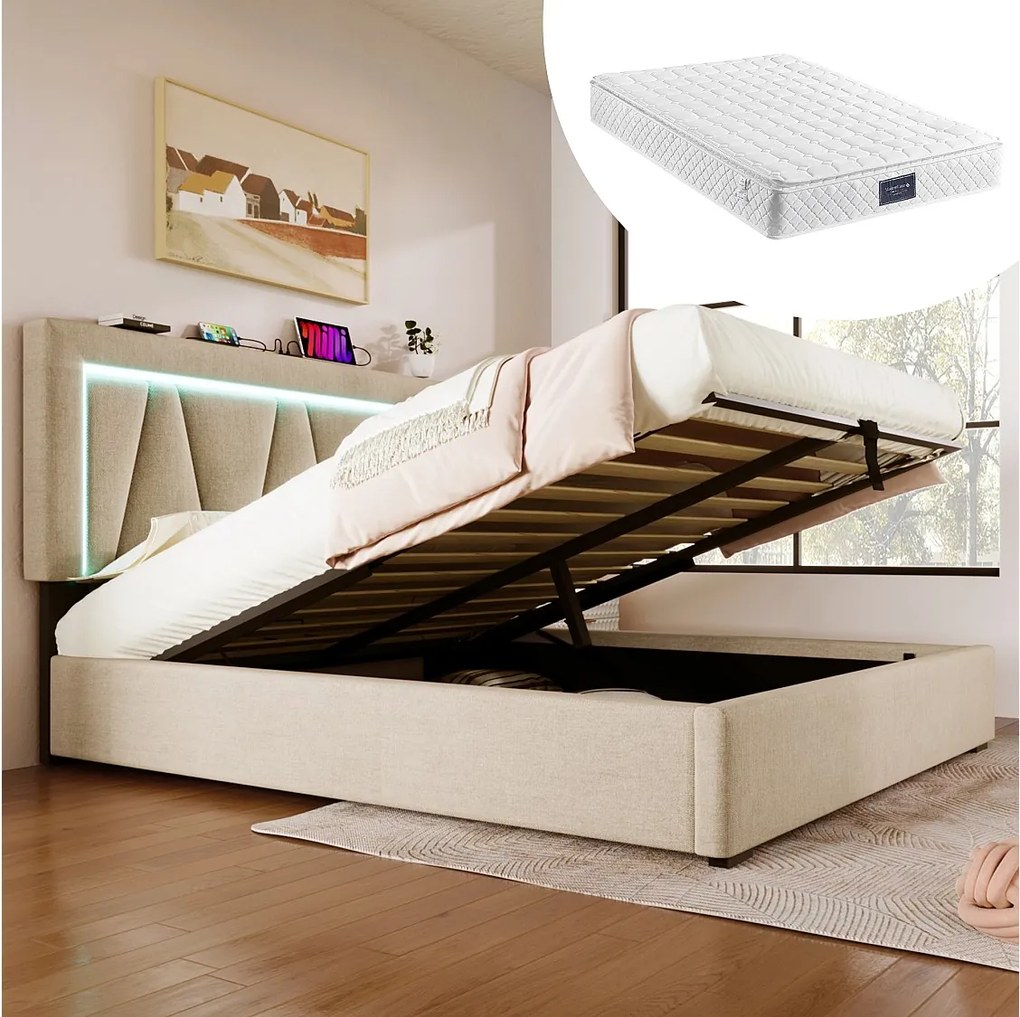 Łóżko z pojemnikiem 140x200 cm – z zagłówkiem i schowkiem, USB/Typ C, LED – len i metal – beżowe – materac w zestawie