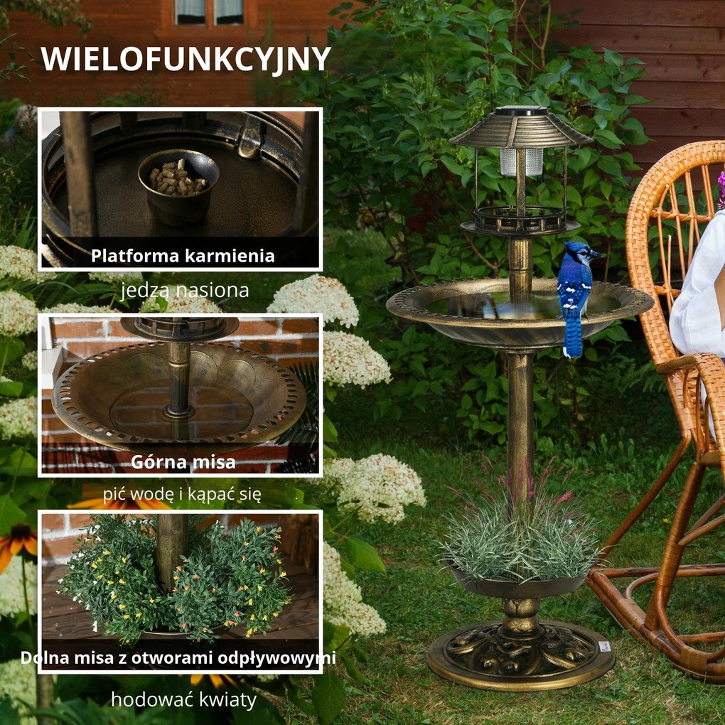 Outsunny Fontanna dla Ptaków z Lampą Solarną Brązowa 110cm | Aosom PL