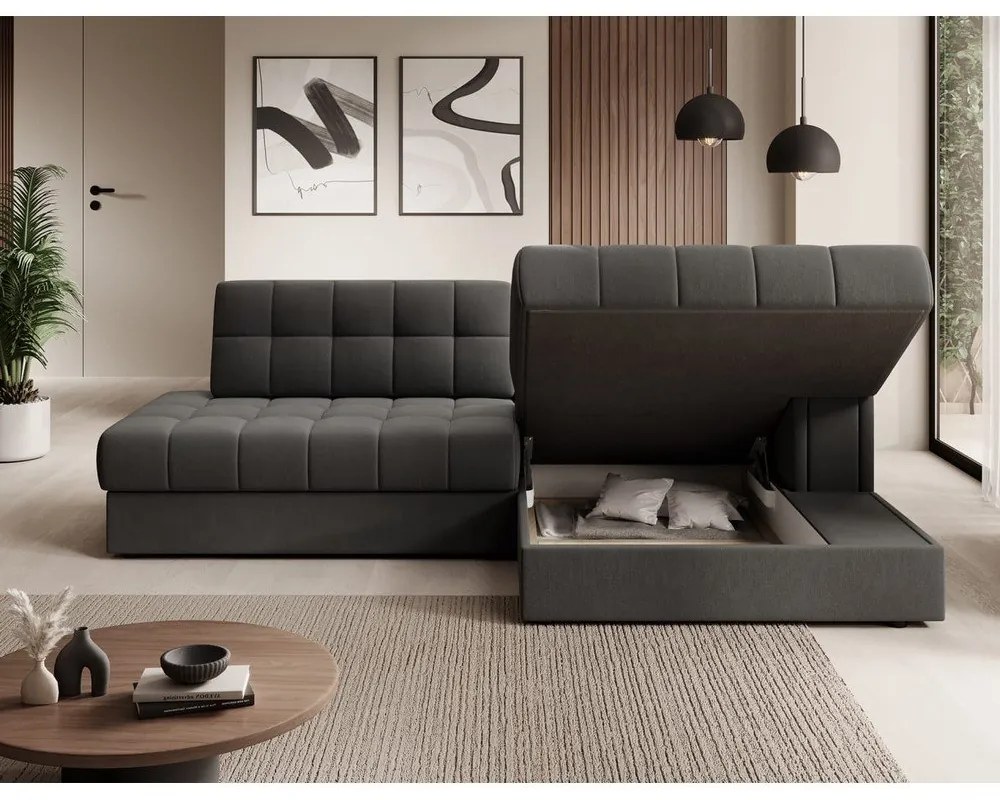 Szarobrązowy aksamitny rozkładany narożnik (prawostronny/z szezlongiem) Blezalt – ELTAP