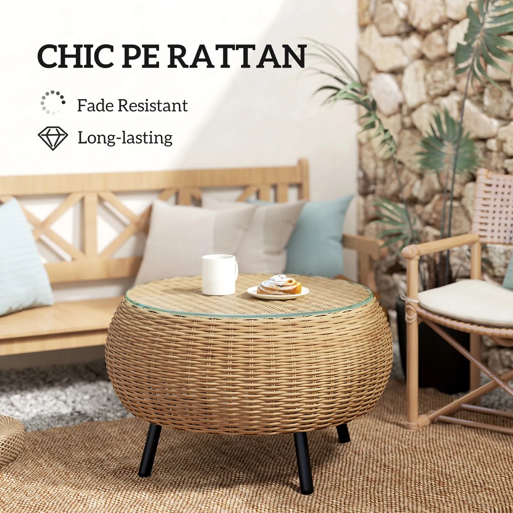 Outsunny Stolik pomocniczy z Polyrattanu okrągły stolik kawowy z blatem szklanym Ø75 x 42 cm Brązowy