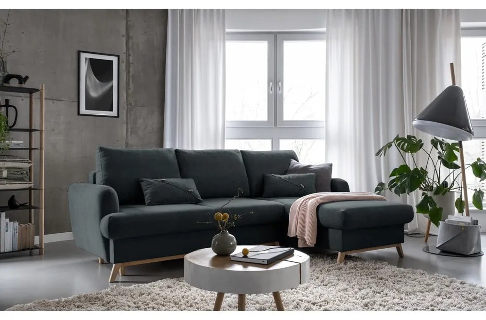 Ciemnoszary rozkładany/ze schowkiem narożnik (prawostronny/z szezlongiem) Scandic Lagom – Miuform