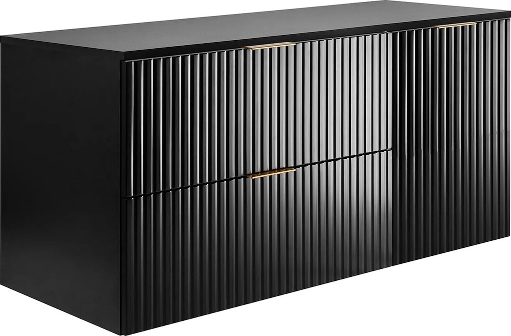 Zestaw łazienkowy: szafka z szufladami i szafka z drzwiami 57×46×120 cm, kolor: czarny / blat czarny, uchwyt złoty