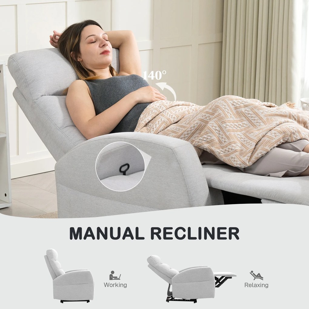 HOMCOM Regulowany fotel relaksacyjny z podnóżkiem, Nowoczesny fotel tapicerowany, Jasnoszary