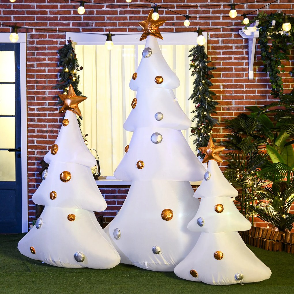 HOMCOM Zestaw 3 nadmuchiwanych choinek świątecznych, w tym wentylator, na zewnątrz i do wnętrz, z zestawem montażowym, Biały+Złoty