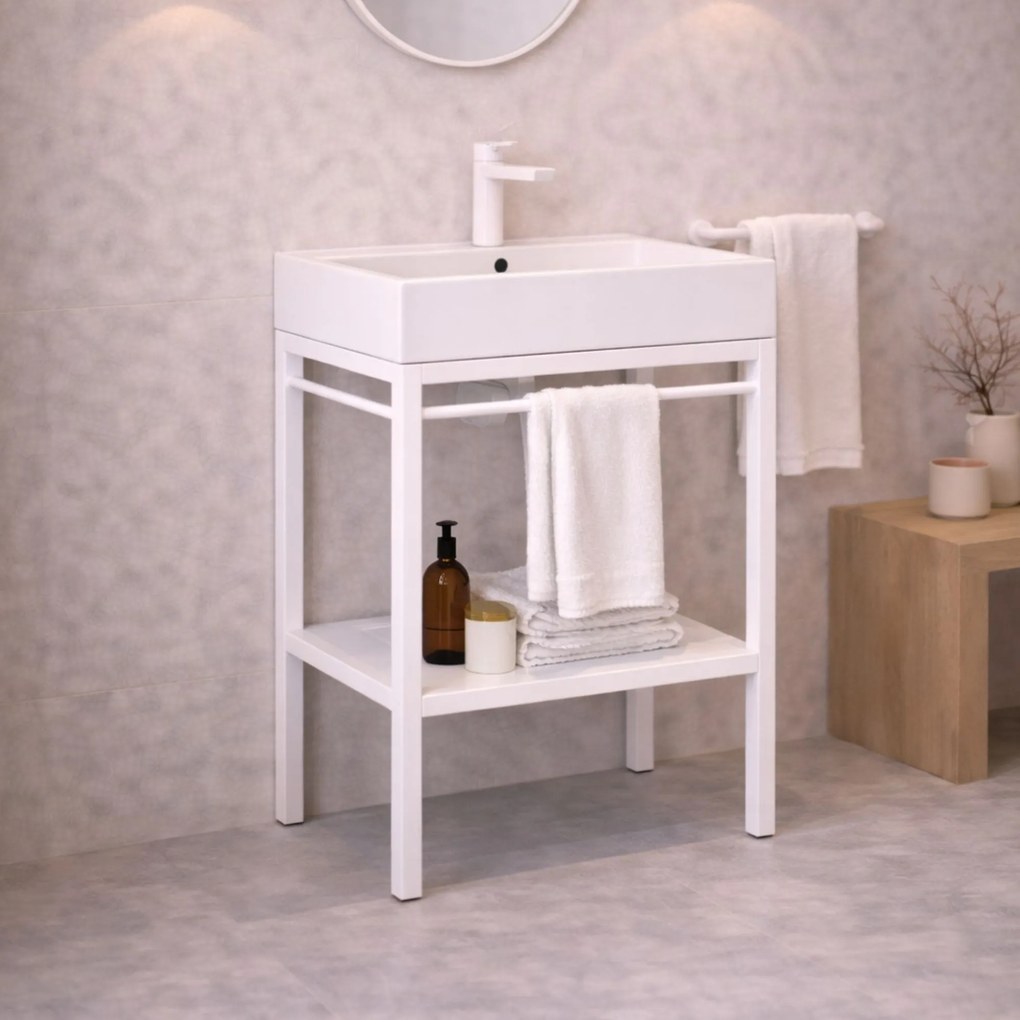 Zestaw umywalka z konglomeratu NAVI 50 x 45 cm + stojąca konsola NAVI Step | Różne kolory | Różne rozmiary : Kolor - Biały, Otwory na baterię - Jeden otwór, Rozmiar - 60 x 45 cm