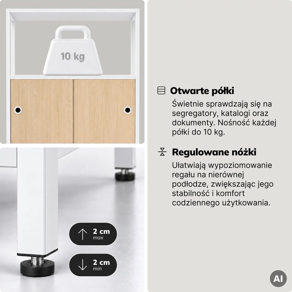 Regał na segregatory z szafką zamykaną, biurowy, otwarte półki, metalowy biały/dąb sonoma, 800x2200x400 mm: ARIEL Eco Design