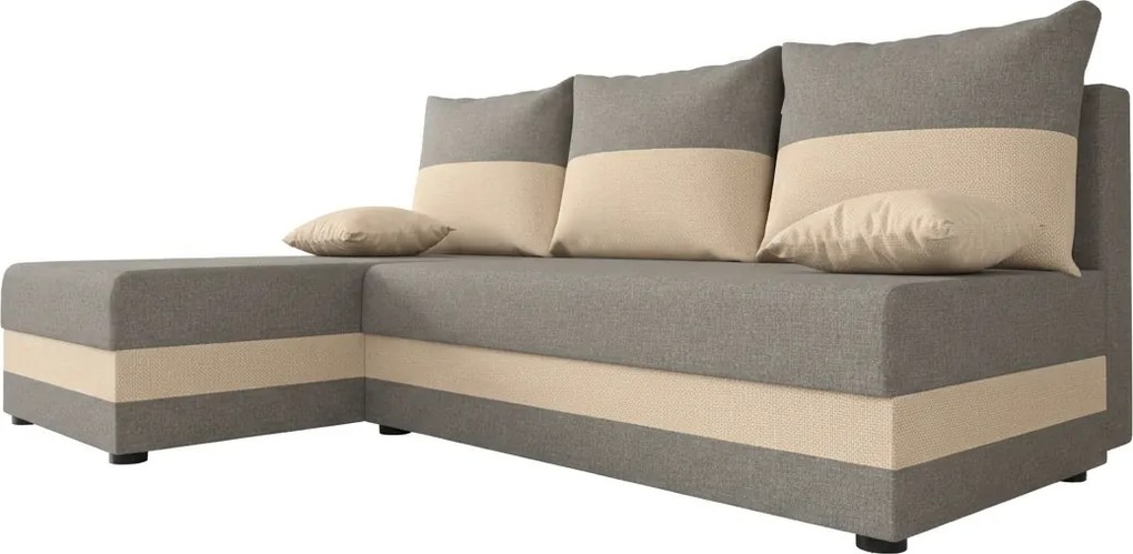 Rozkładana narożna sofa VALERIO SLIM 200x140 cm, jasnoszara/beżowa, uniwersalna + 2 poduszki GRATIS