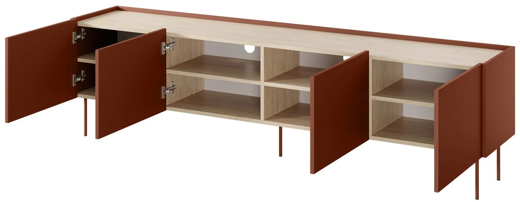Szafka RTV Desin 220 cm z metalowymi nogami - ceramic red / dąb nagano