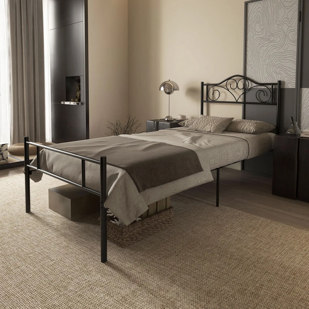 HOMCOM Rama łóżka pojedynczego ze stali z zintegrowanymi listwami, zagłówkiem i podnóżkiem, 90x200cm | Aosom PL