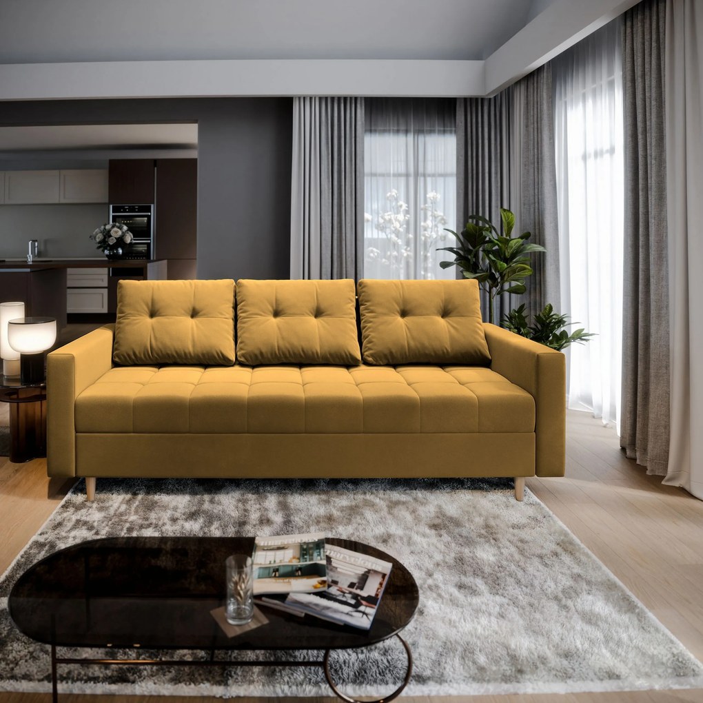 Masseno Sofa MILO z funkcją spania i pojemnikiem na pościel, Rozkładana sofa - Żółty, KRONOS 01