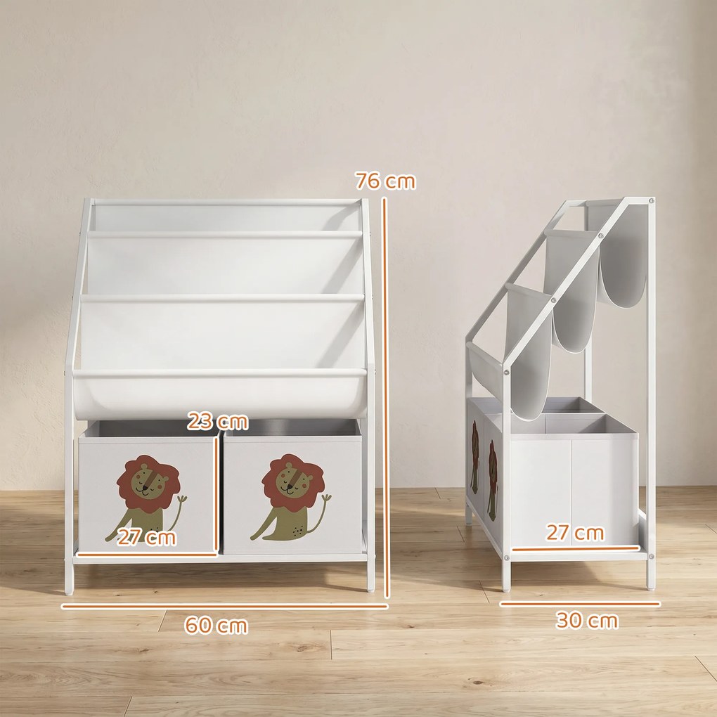 AIYAPLAY Regał na książki dla dzieci Regał dziecięcy z 2 otwartymi przegrodami 3 wiszące półki 60 x 30 x 76 cm Biały | Aosom PL