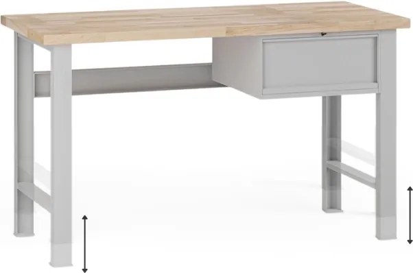 Stół warsztatowy z regulacją wysokości G7, blat bukowy, 1500 x 800 x 840-1040 mm, 1x kontener, 1x szuflada, szary