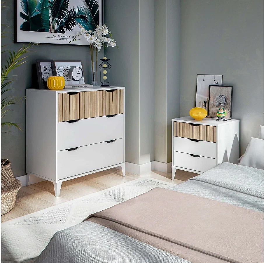 Komoda sypialniana z 3 szufladami Noite Modern Bedroom w kolorze Artik White i naturalnym dębie 71x76x40 cm