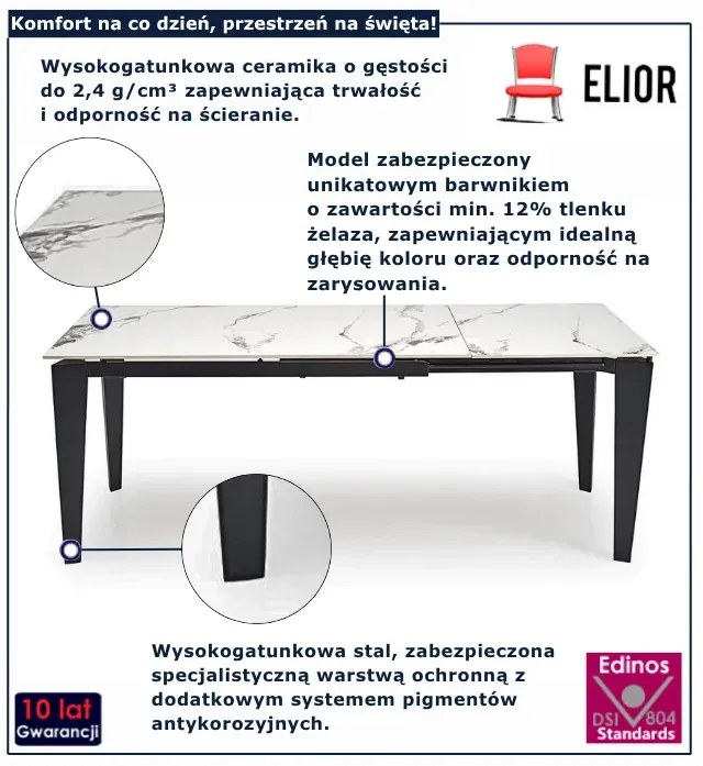 Rozkładany biały stół z blatem imitującym marmur B5-R20