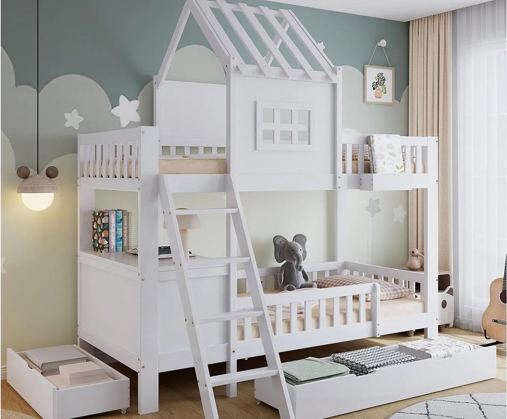 Łóżko piętrowe dla dzieci 90×200 cm - z biurkiem - 2 szuflady - z daszkiem i oknami - Drewno lite + MDF - białe (bez materaca)