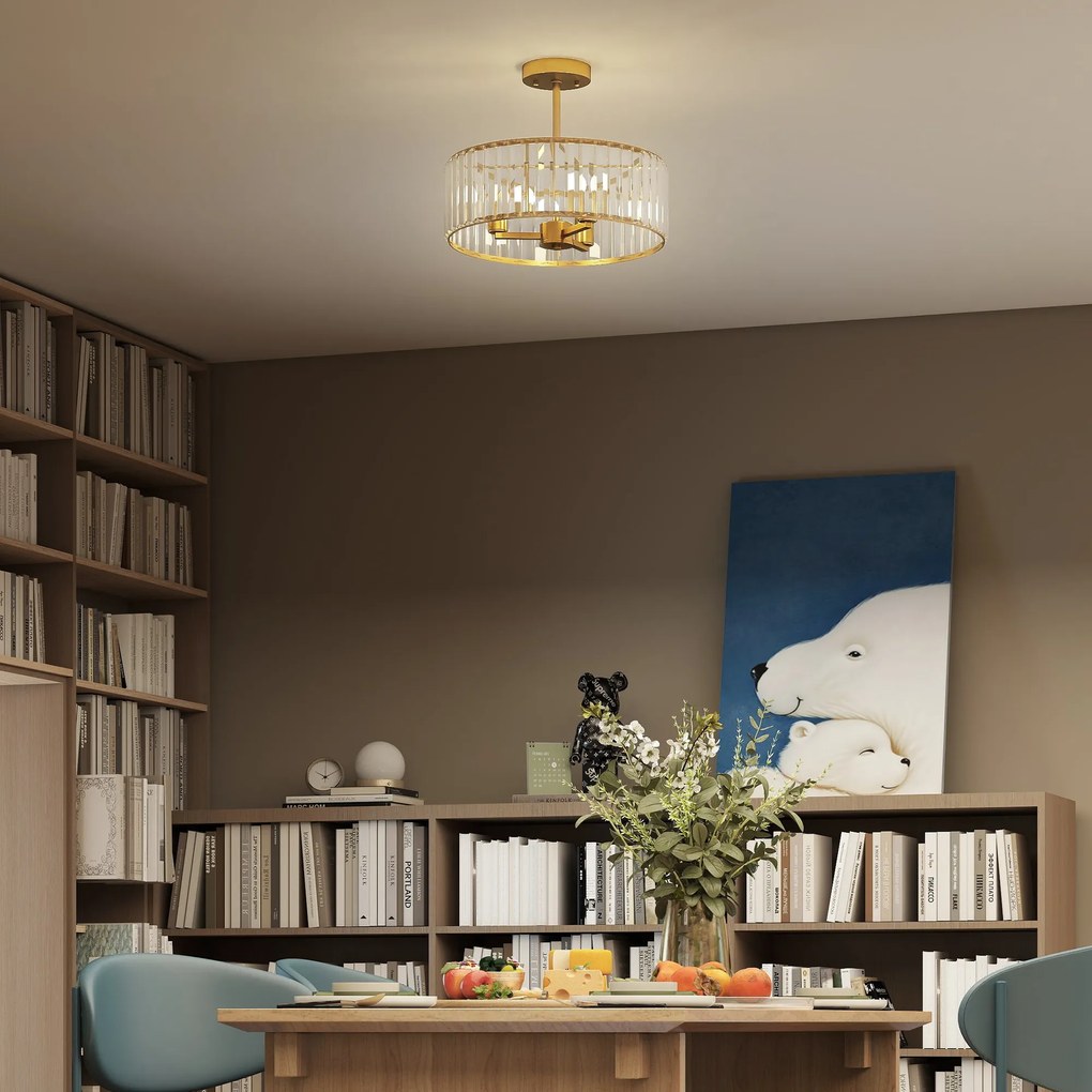 HOMCOM Lampa Sufitowa, Design Kryształowy, 3 Żarówki, Metal, Złota