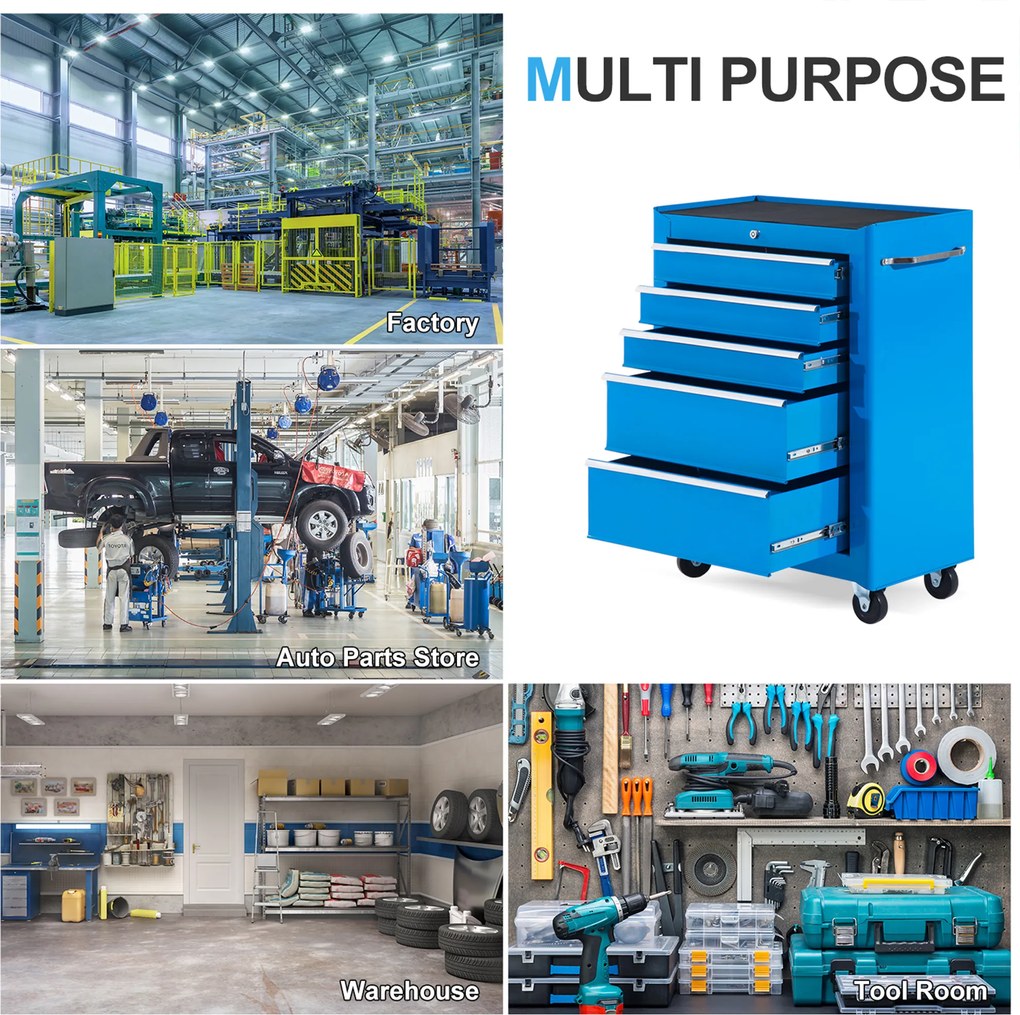 HOMCOM Szafka na narzędzia, skrzynia narzędziowa, 5 szuflad, mobilna, stalowa, czarna | Aosom PL