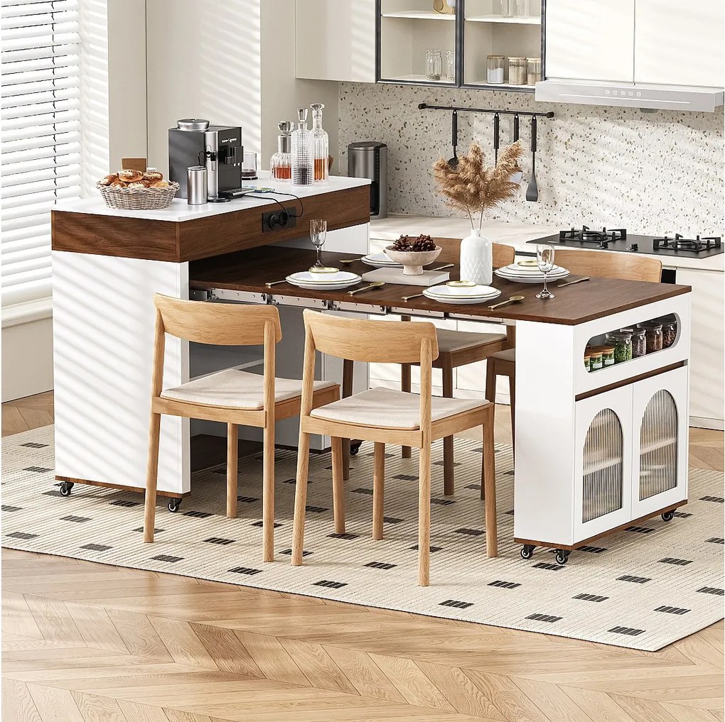 Rozkładana wyspa kuchenna na kółkach z blatem szklanym - 110,5 x 50,5 x 95,5 cm - z drzwiami i szufladą - MDF + szkło - biała + brązowa