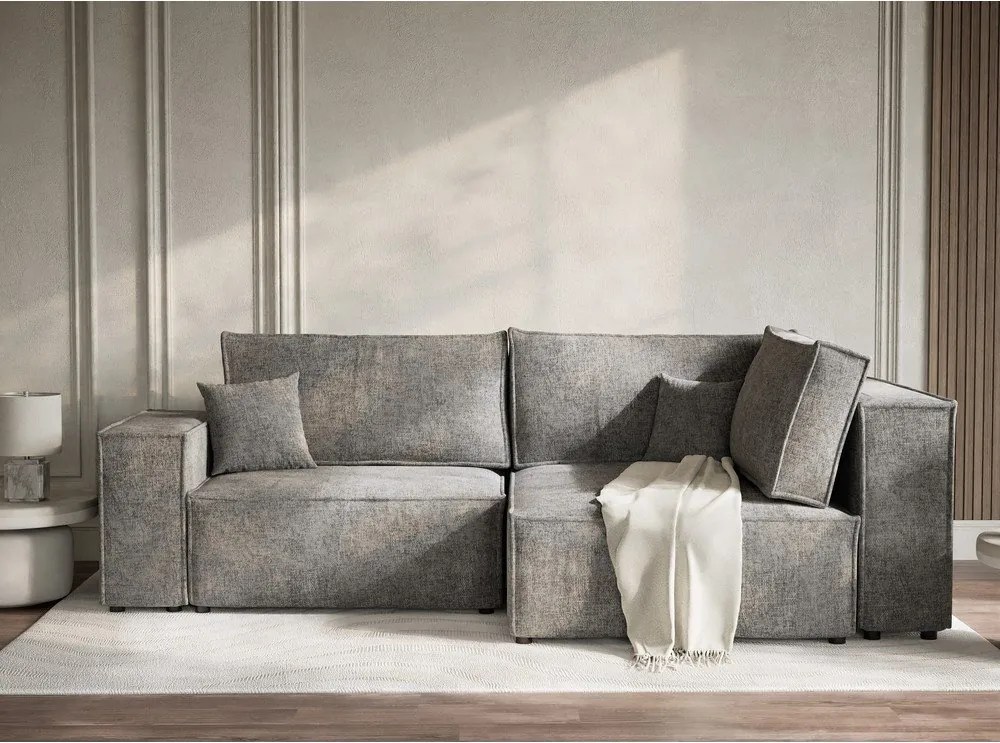 Szary rozkładany narożnik ze schowkiem z tkaniny szenilowej (prawostronny/w kształcie litery L) Tonga – Maison de Rêve