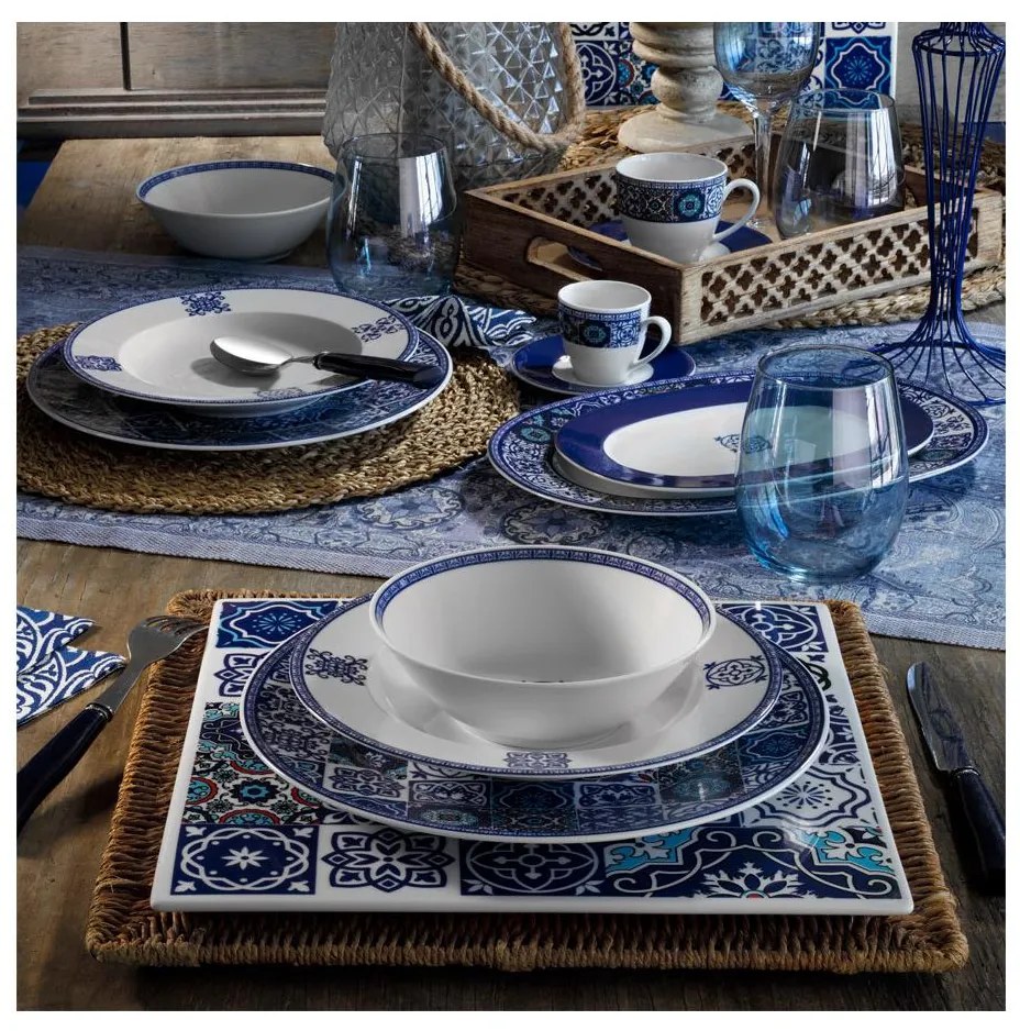 Komplet obiadowy 24-częściowy, niebieski/porcelana
