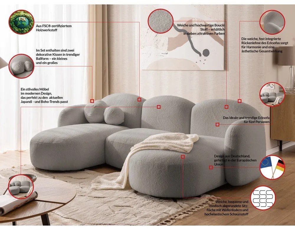 Szary narożnik z materiału bouclé (w kształcie litery U) Orbit – Ropez