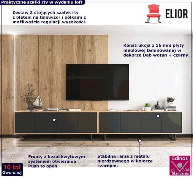 Zestaw zamykanych szafek rtv dąb wotan + czarny F7-R87