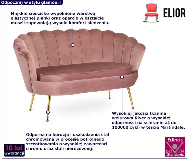 Różowa sofa muszelka na złotych nogach - Deos