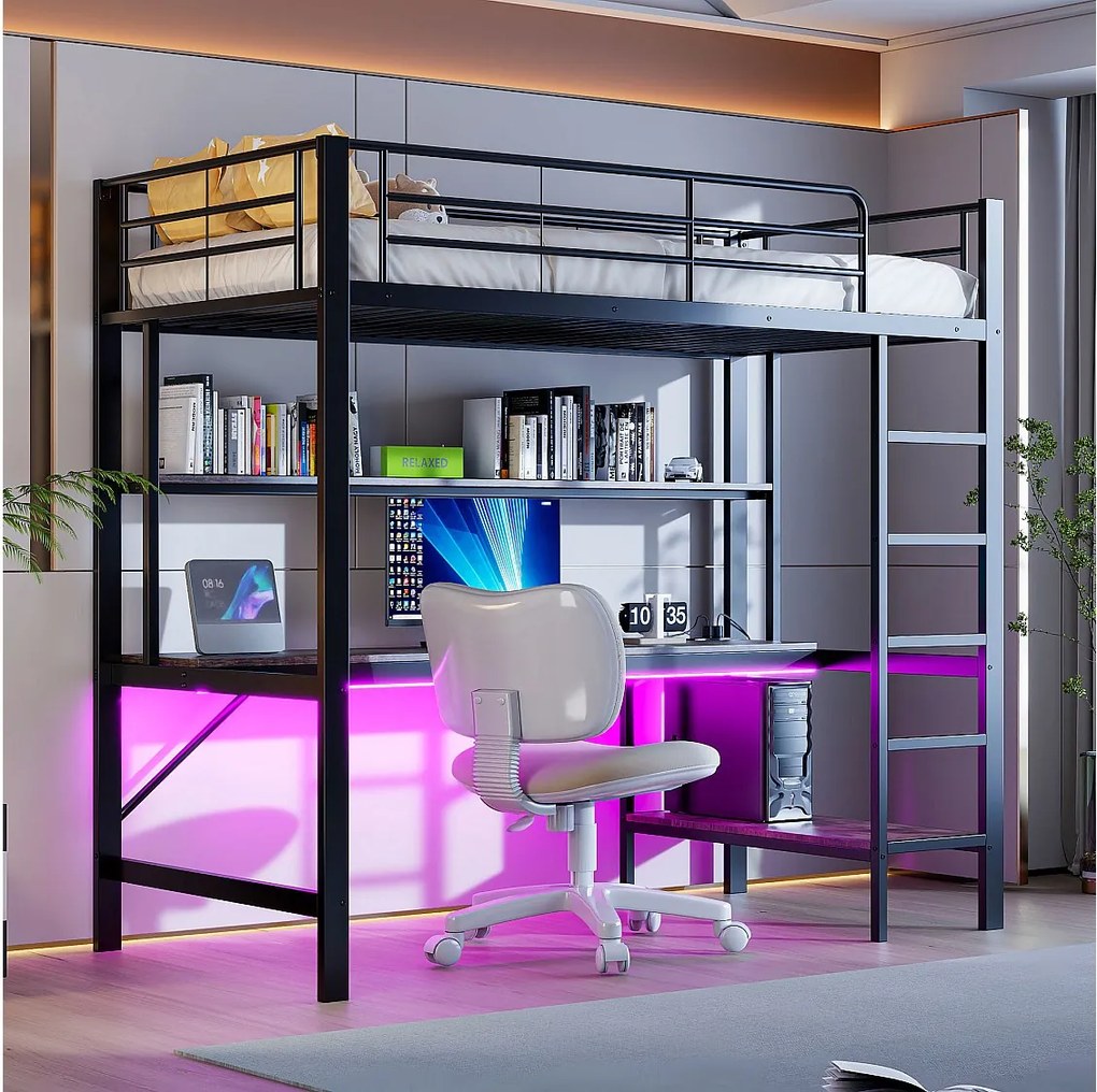 Łóżko piętrowe z barierką i drabinką - 90 x 200 cm - z USB i zasilaniem sieciowym - oświetlenie LED i biurko - materac nie jest wliczony w cenę - metalowe - czarne