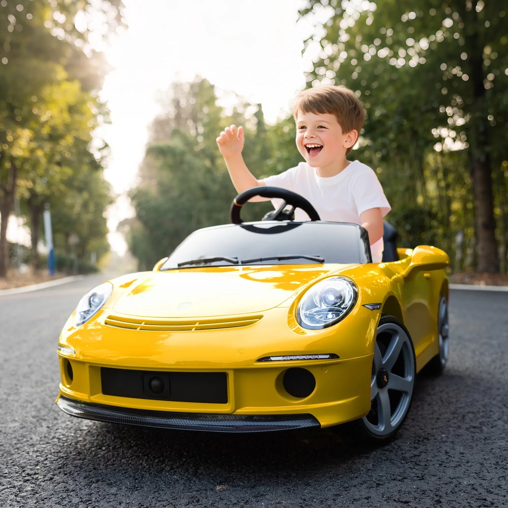 AIYAPLAY Elektryczne auto na akumulator dla dzieci z pilotem, MP3/USB, klakson, pas bezpieczeństwa — 3–5 lat, żółte