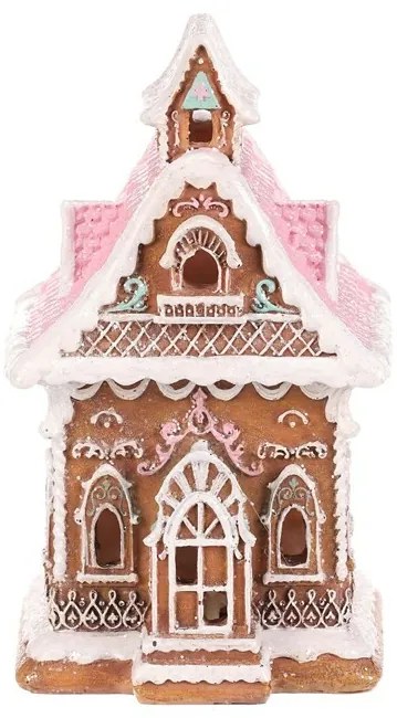 Dekoracja świąteczna Domek z piernika z różowym dachem, poliresin, LED, brązowy
