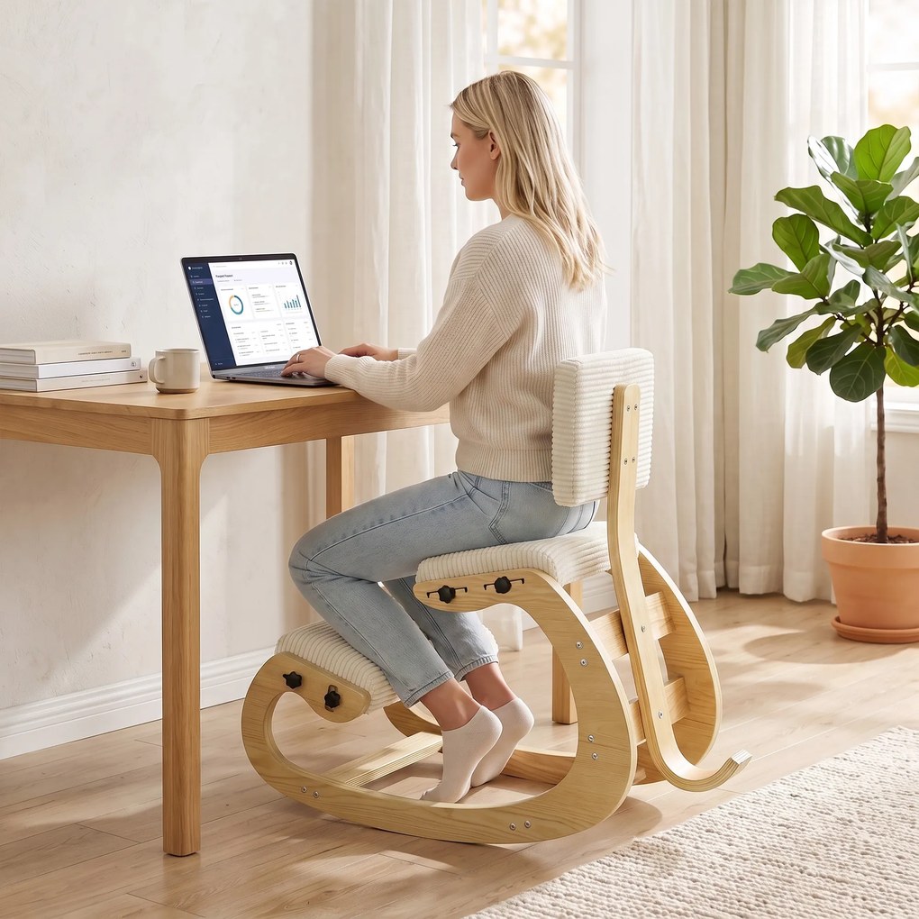 HOMCOM Ergonomiczny stołek kolanowy, stołek kolanowy z oparciem, wygląd sztruksu, fotel biurowy do domu, biura, medytacji, kremowo-biały | Aosom PL
