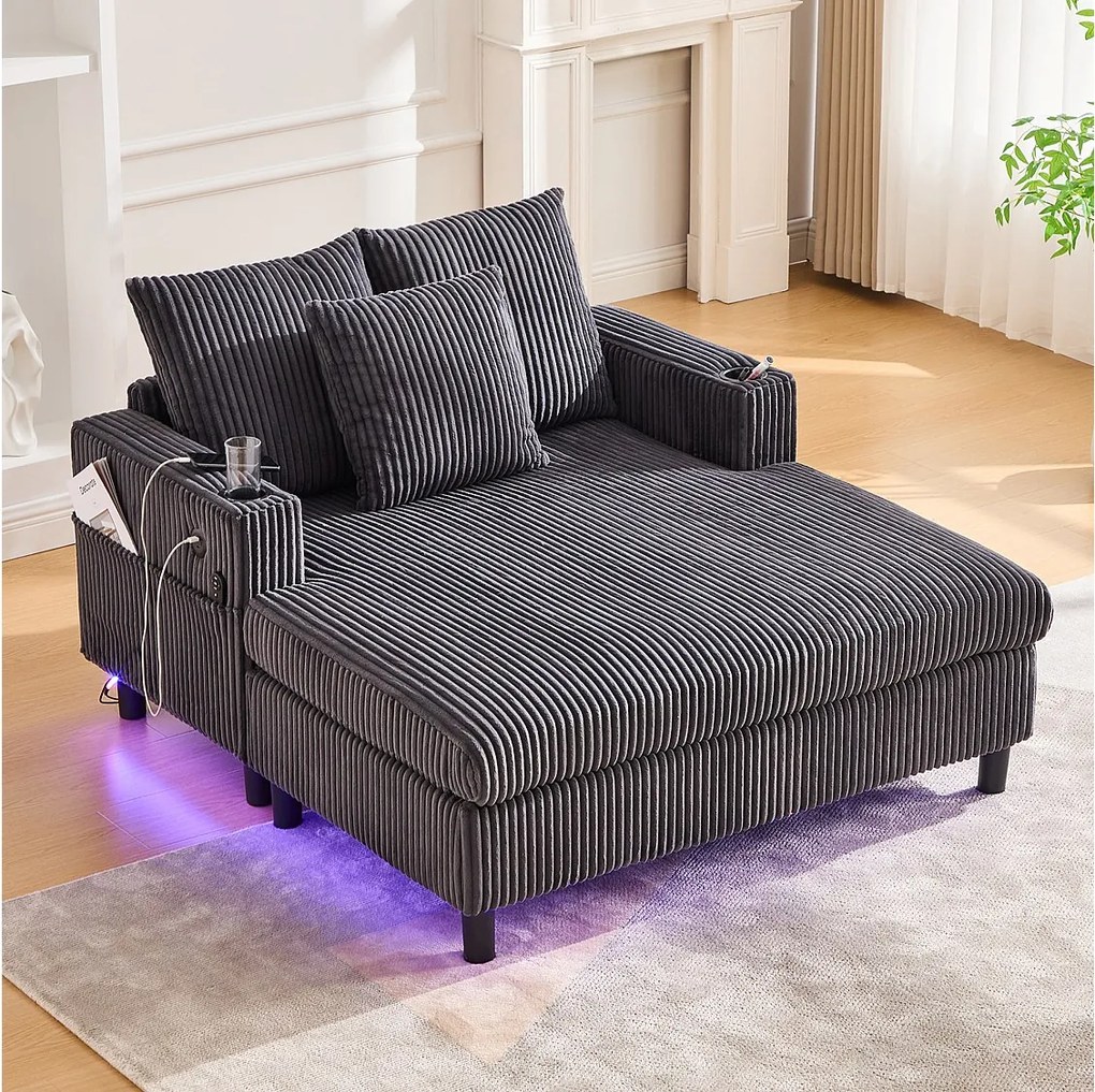 Sofa 3-osobowa rozkładana - 142 x 128 x 85 cm - z uchwytami na kubki + porty USB + diody LED - aksamit - ciemnoszary