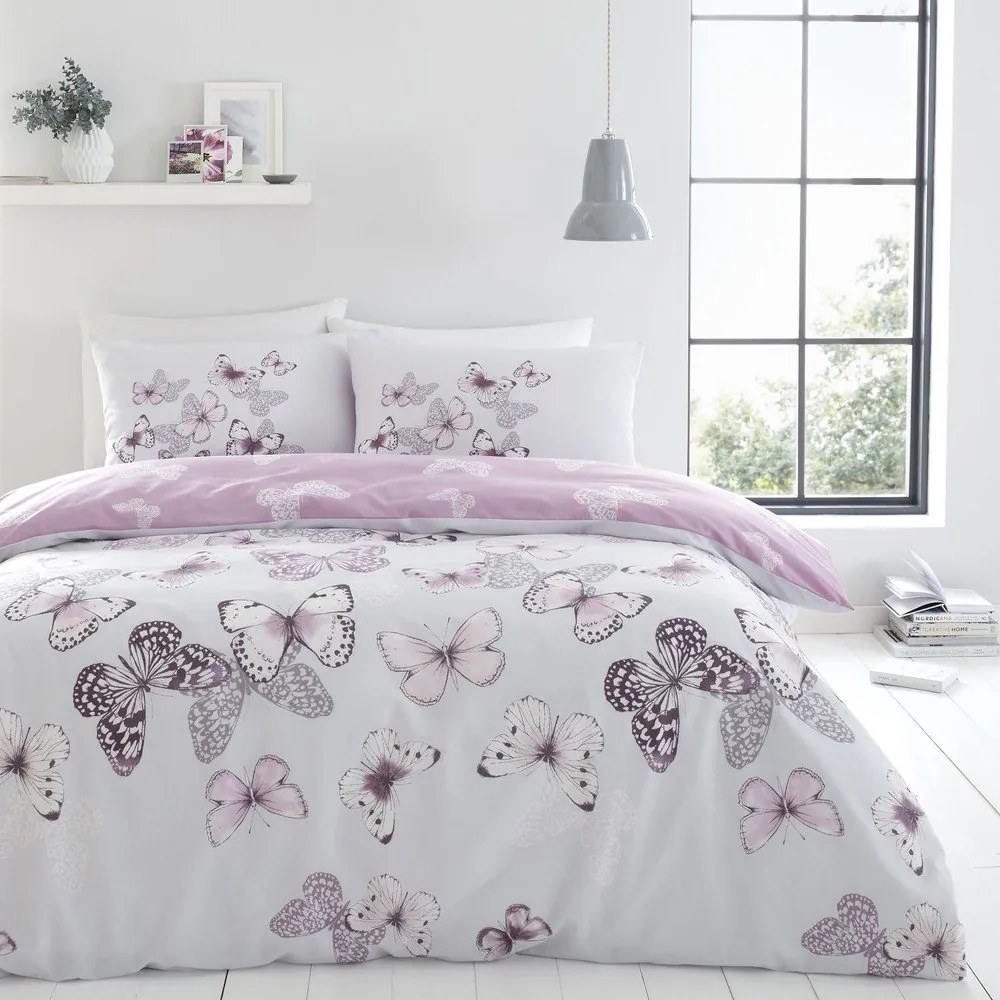 Różowo-jasnoszara pościel dwuosobowa 230x220 cm Scatter Butterfly – Catherine Lansfield