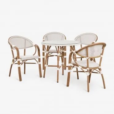 Zestaw Okrągłego Stołu Brielle Bistro O Średnicy 80 Cm I 4 Składane Krzesła Aluminiowe Z Podłokietnikami. Gardenia Biel - Sklum