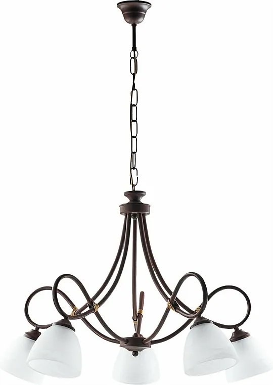 Dallas – żyrandol z czarnego lakierowanego żelaza, dekor imitujący rdzę, stare złoto, klosze z białego szkła alabastrowego Ø13 cm, 5 świateł