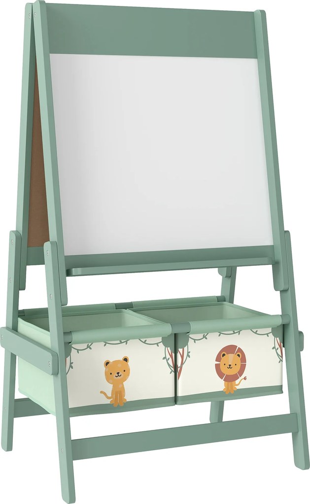 AIYAPLAY Dziecięca tablica 3-w-1 z tablicą kredową, białą tablicą, papierową rolką, 2 koszami, dla dzieci 3-8 lat, zielona | Aosom PL