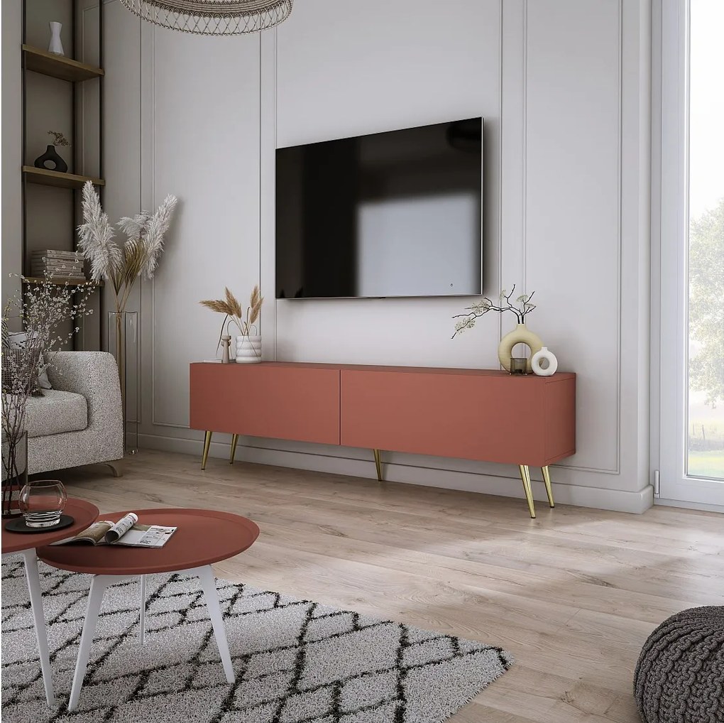 Szafka RTV: Ceglasty, 140 x 52 x 32 cm, złote nogi