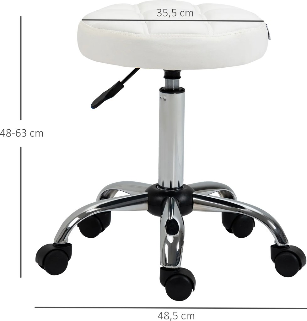 HOMCOM Stołek obrotowy, Stołek salonowy, regulowany, sztuczna skóra, pikowany wzór, Ø35,5 x 48-63 cm, Biały/Srebrny