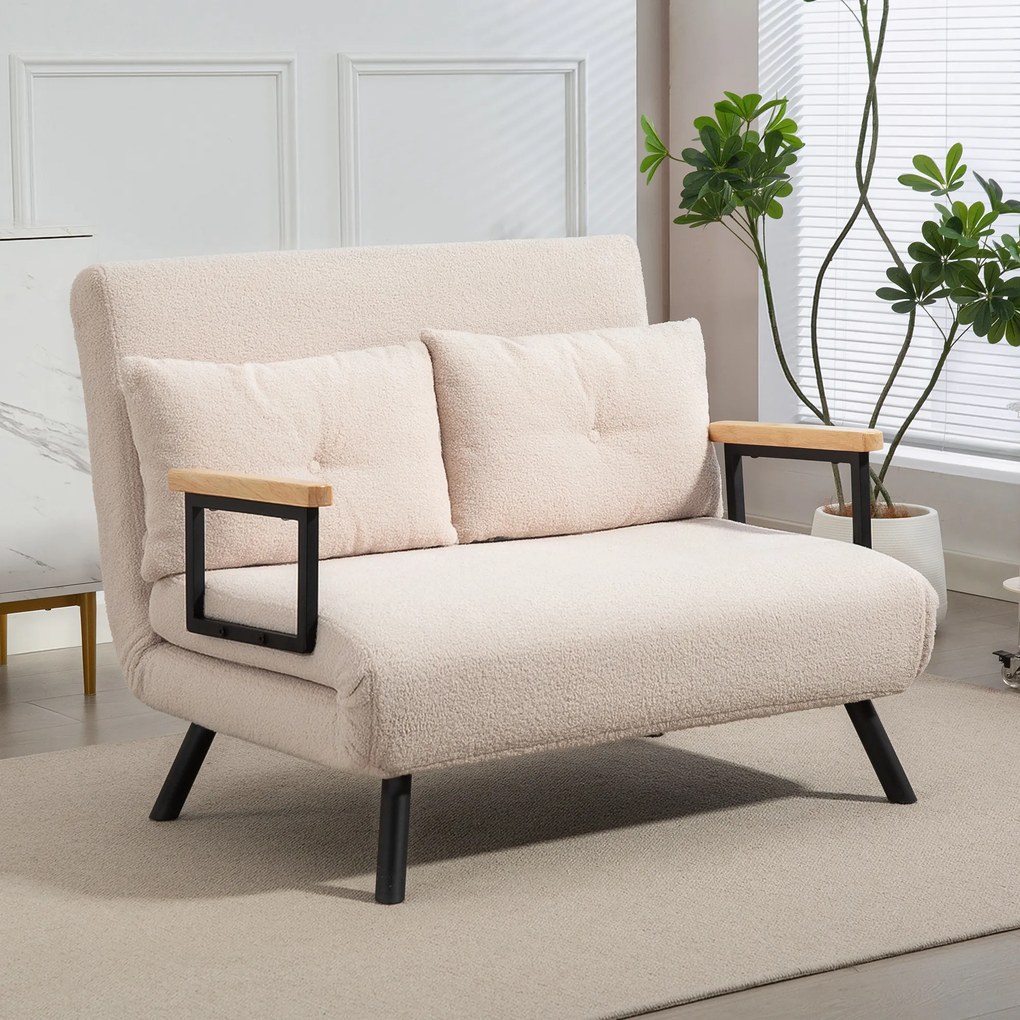 HOMCOM Sofa rozkładana 2-osobowa, sofa welurowa, funkcja spania, w zestawie 2 poduszki, wygląd weluru, Naturalny + Beżowy + Czarny | Aosom PL