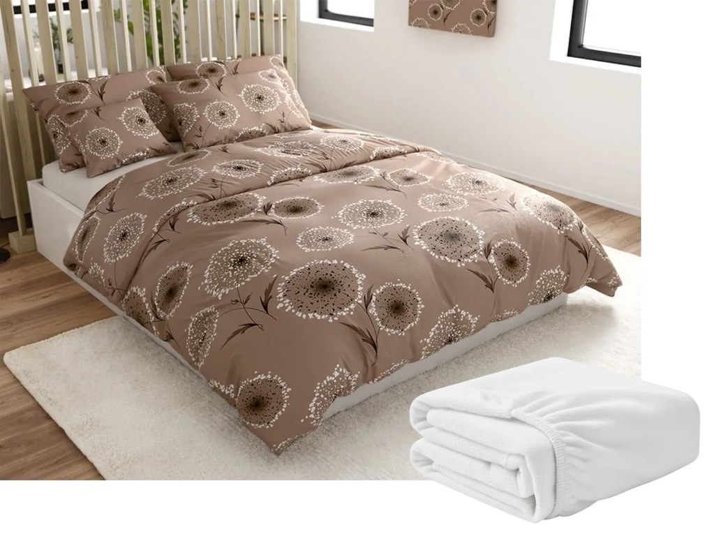 PrzytulneMieszkanie.pl PrzytulneMieszkanie.pl PrzytulneMieszkanie.pl Zestaw 2 szt. pościeli z mikropluszu PAMPELINO jasnobrązowej + prześcieradło z mikropluszu SOFT 180x200 cm białe, podwójne łóżko