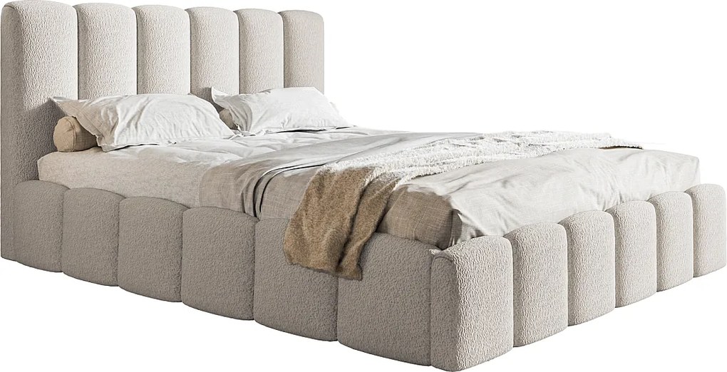 Łóżko dwuosobowe 180x200 Palermo - pojemnik i stelaż metalowy, tkanina boucle, jasny szary (Anthology 15)