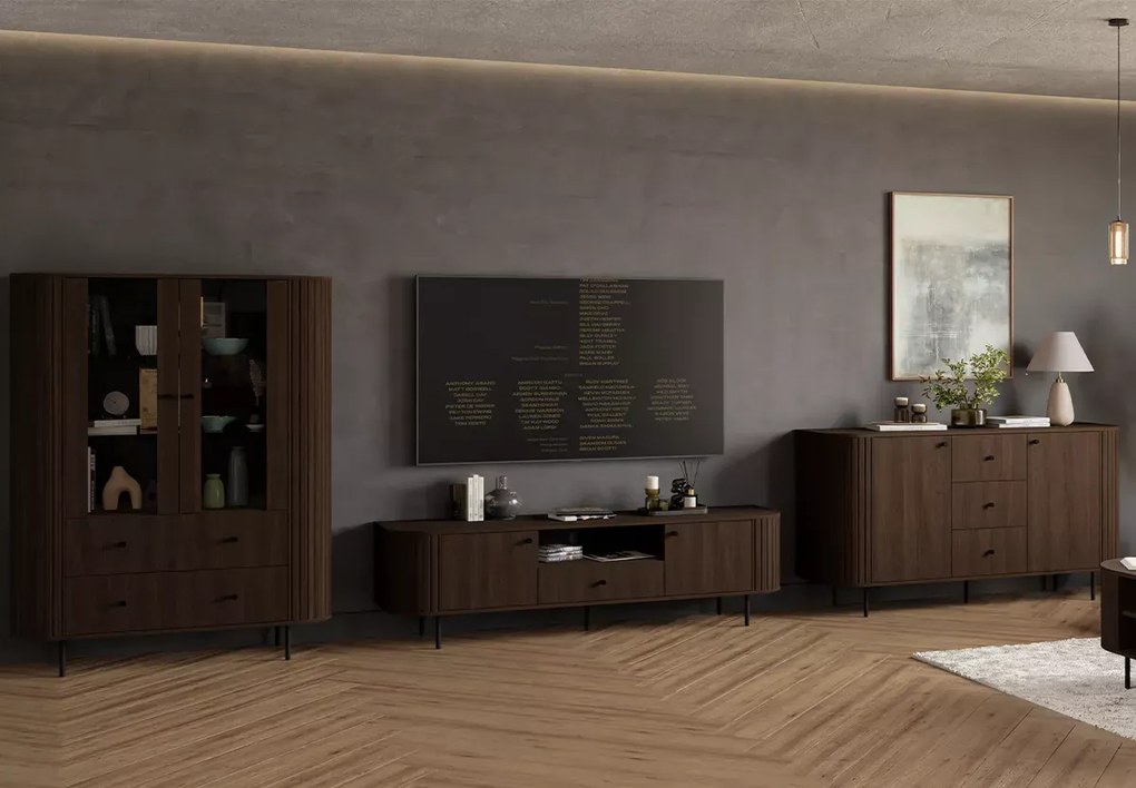 Witryna Opunio przeszklona 2D2S – szklane półki, nowoczesna witryna do salonu beż piaskowy / dąb cremona / dab dunin