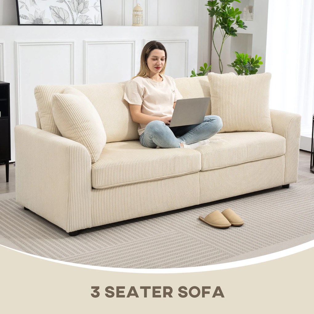 HOMCOM Sofa 3-osobowa z poduszkami dekoracyjnymi, Corduroy, do salonu, sypialni, szerokość 212 cm, Kremowa