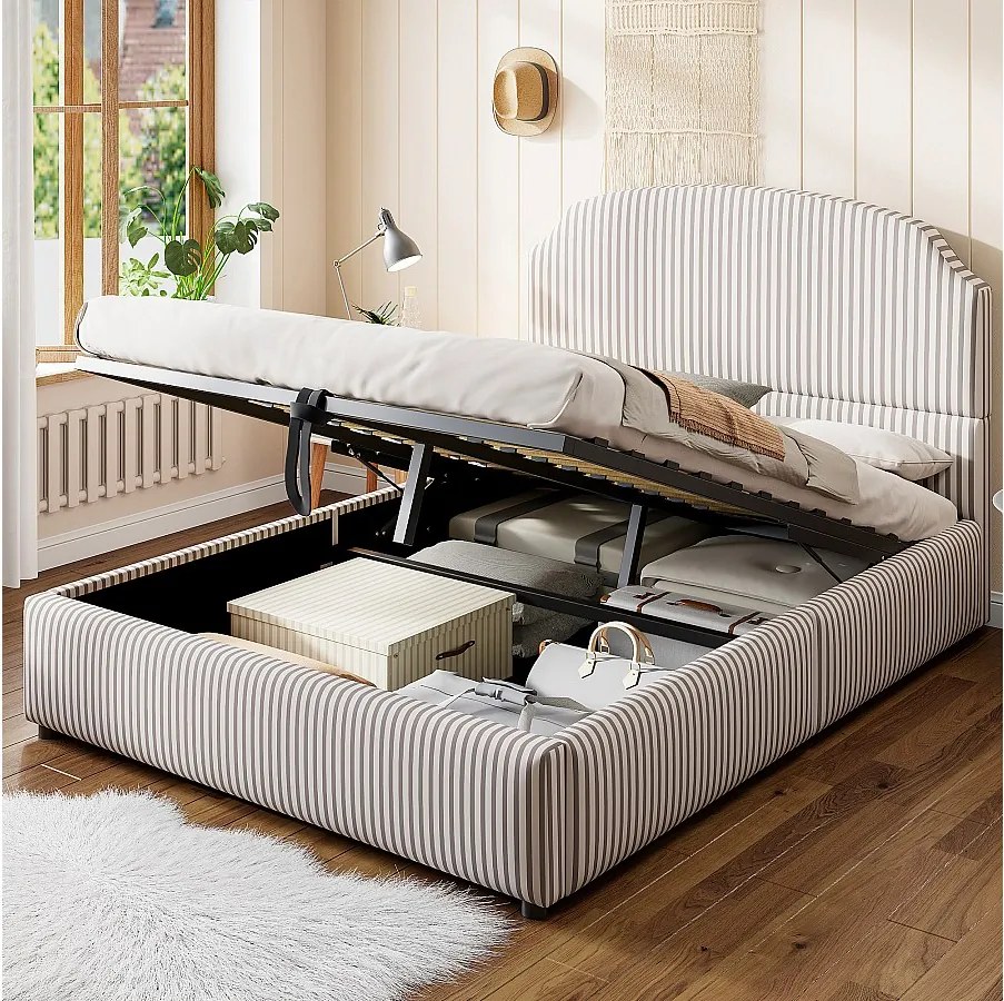 Łóżko tapicerowane ze schowkiem - 140 x 200 cm - z hydraulicznym schowkiem + zagłówek - MDF + metal + sklejka - Biały + Antracyt