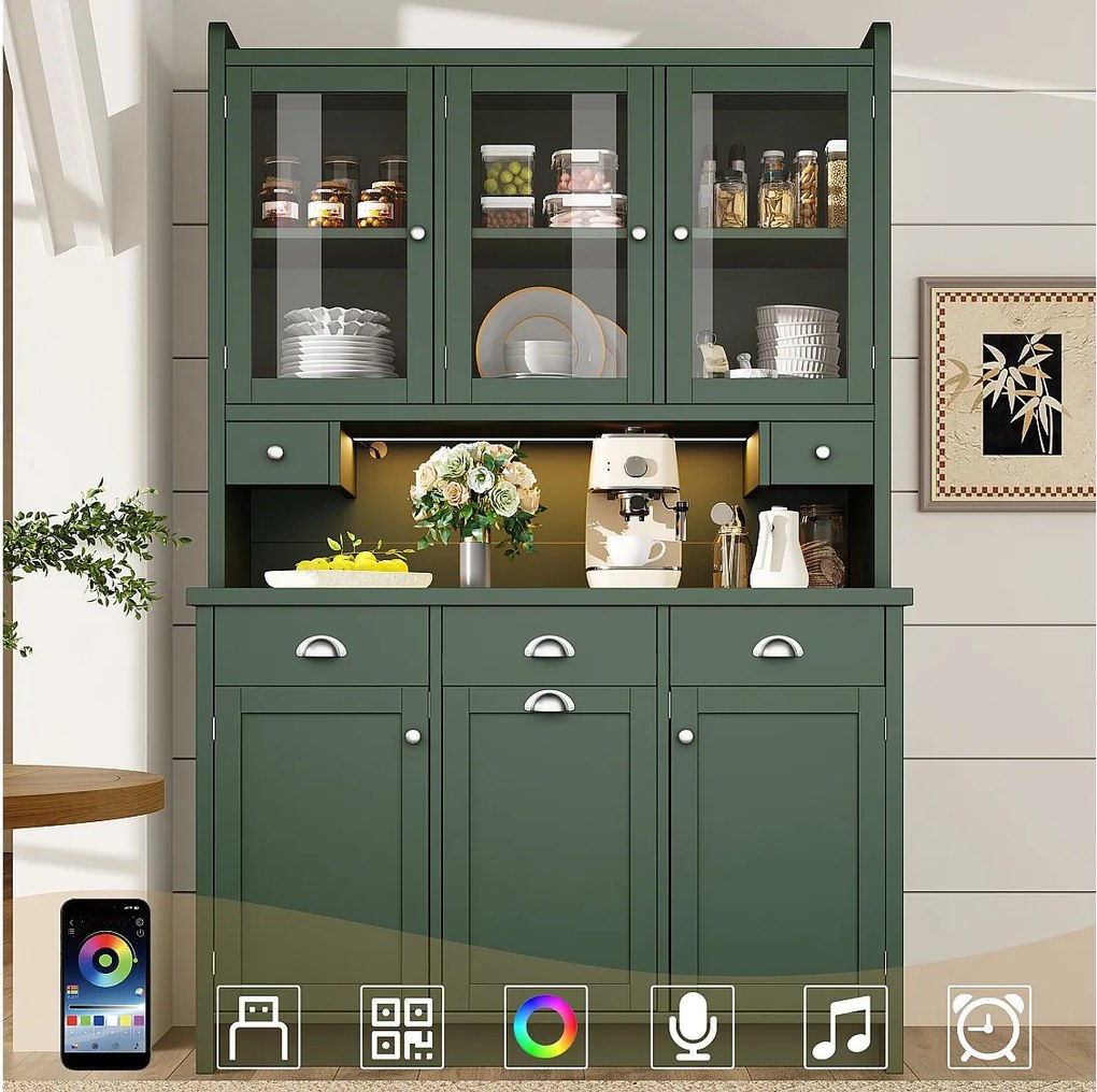 Wysoka komoda kuchenna - 120 x 40 x 180 cm - z szufladami + 2 drzwiami do przechowywania + diody LED + 3 drzwiami szklanymi - MDF - zielona